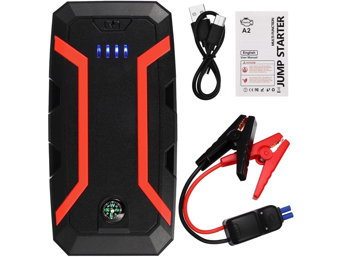 Carregador Portátil De Emergência Para Carro Com Bateria Externa, Lanterna Led E Portas Usb.