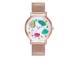 Relógio de quartzo unissex com mostrador clássico e pulseira de aço inoxidável na cor ouro rosa, estilo casual.