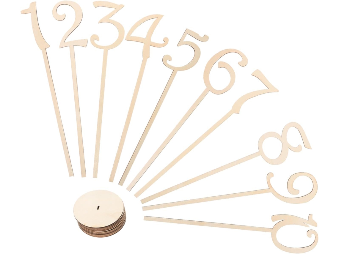 Conjunto de 10 Suportes para Números Mesa em Madeira Natural, 35x8 Cm, com Base Redonda, Decoração Casamentos