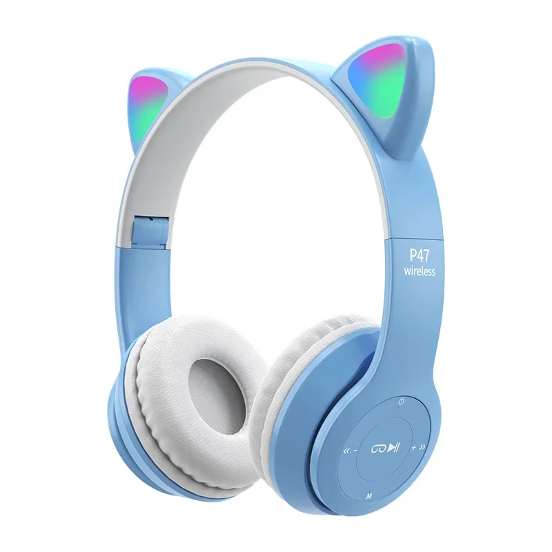 Fones de Ouvido Sem Fio Orelha de Gato Bluetooth Capacete Compatível Estéreo Bass Envolto Fones de Ouvido MDUG (azul e Branco)