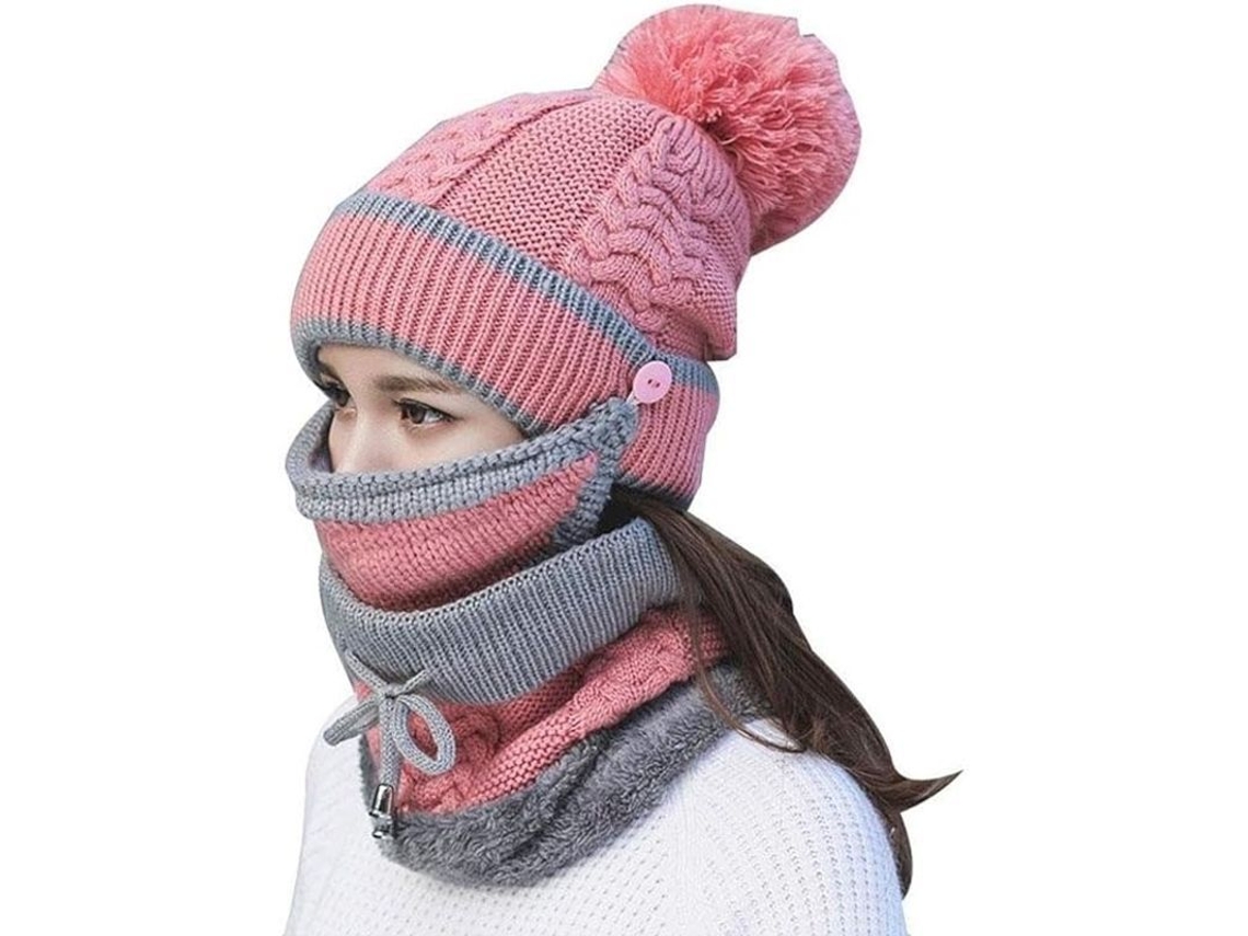 3 Peças/conjunto Chapéu De Inverno De Tricô Para Mulheres Com Máscara E Cachecol Espesso De Lã, Rosa