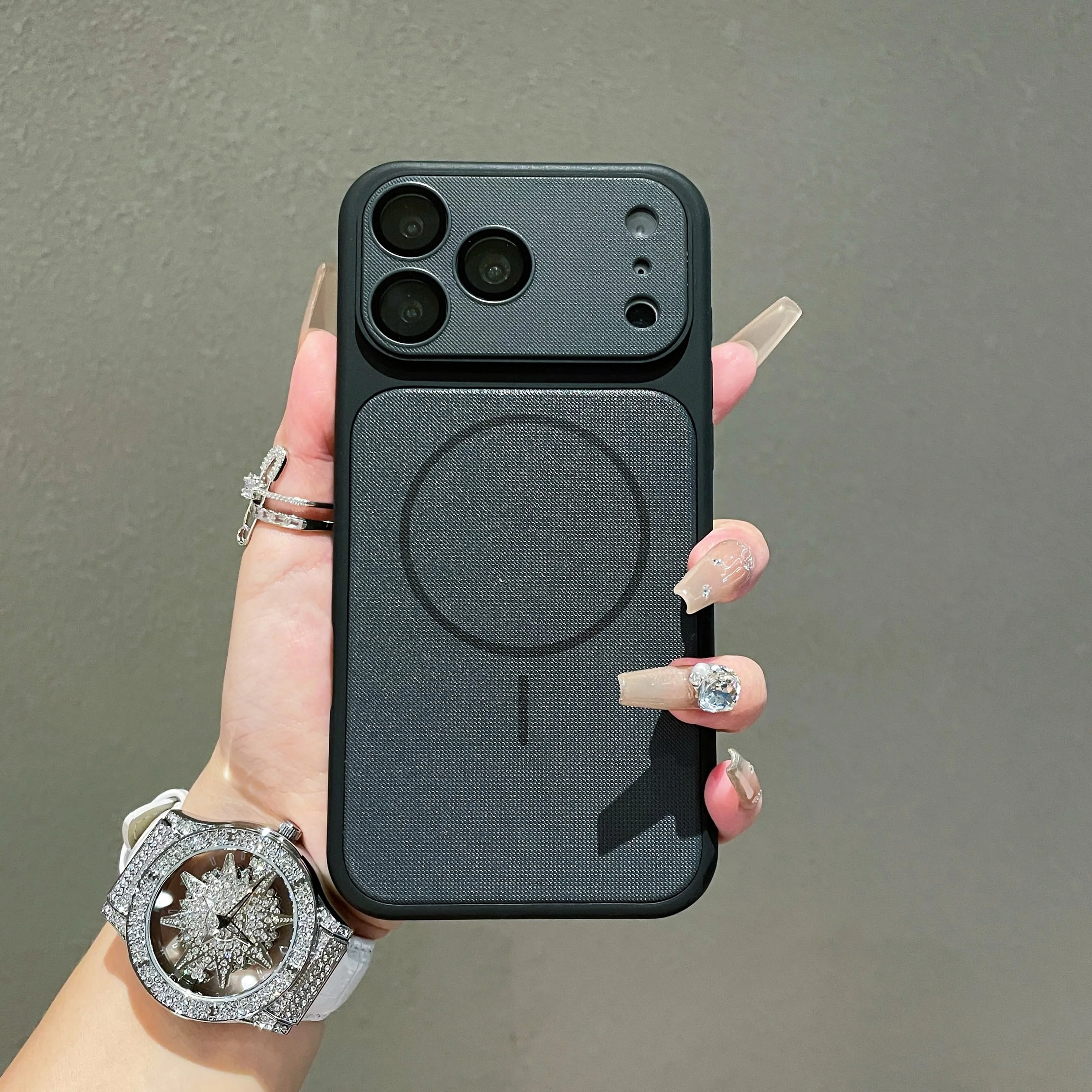 Capa Magnética Para Iphone 17 Pro (preta) Com Textura De Couro E Proteção Contra Impactos Magsafe.