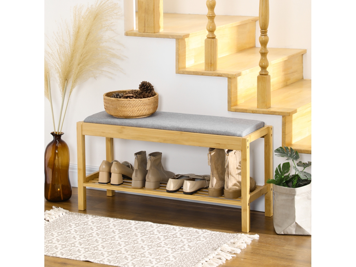 Banco Sapateira De Bambu Com Assento Estofado Para 3 Pares Sapatos E Prateleira 90x30x46 Cm Madeira