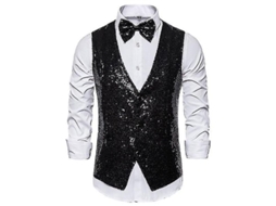 Fasst Chaleco de Lentejuelas para Homem com V neck brilho, traje de festa e gravata de laço ajustável | S/MARCA