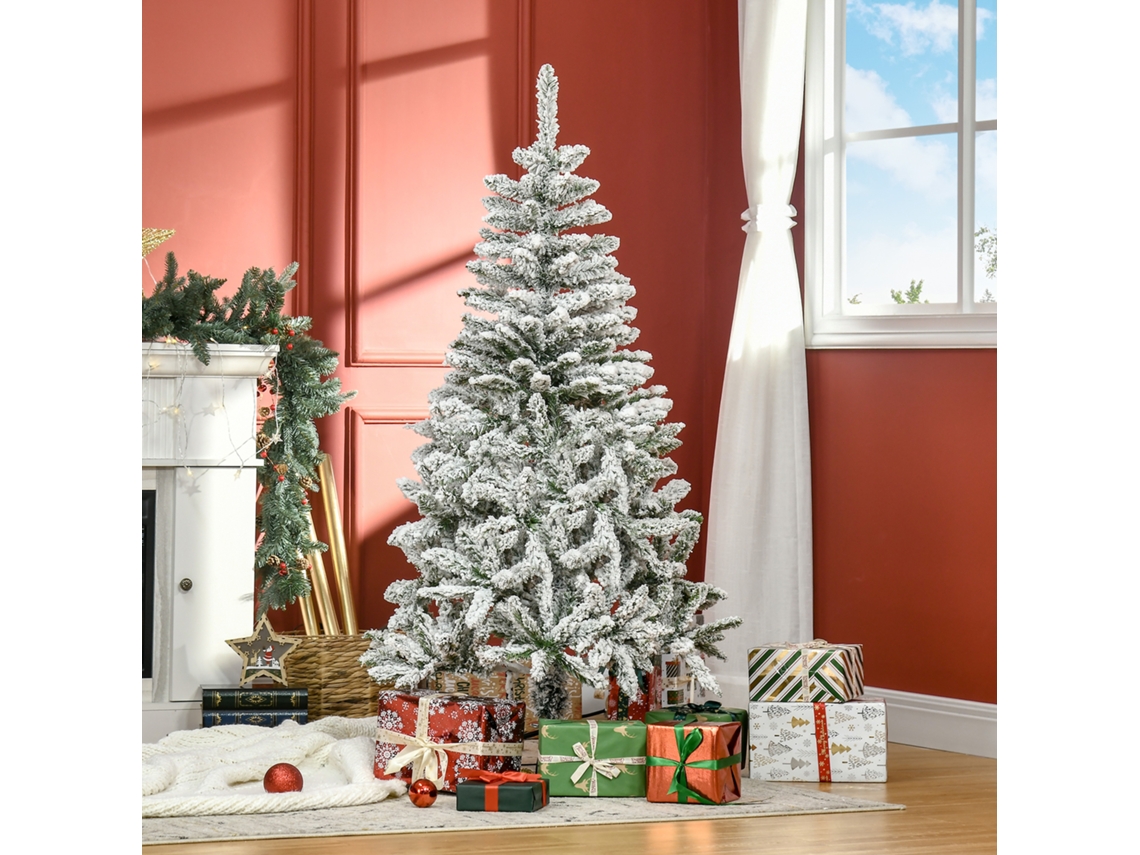 Árvore de Natal Artificial 150 Cm com Neve Ignífugo e 358 Ramos Folhas Pvc Abertura Automática Base Dobrável Verde