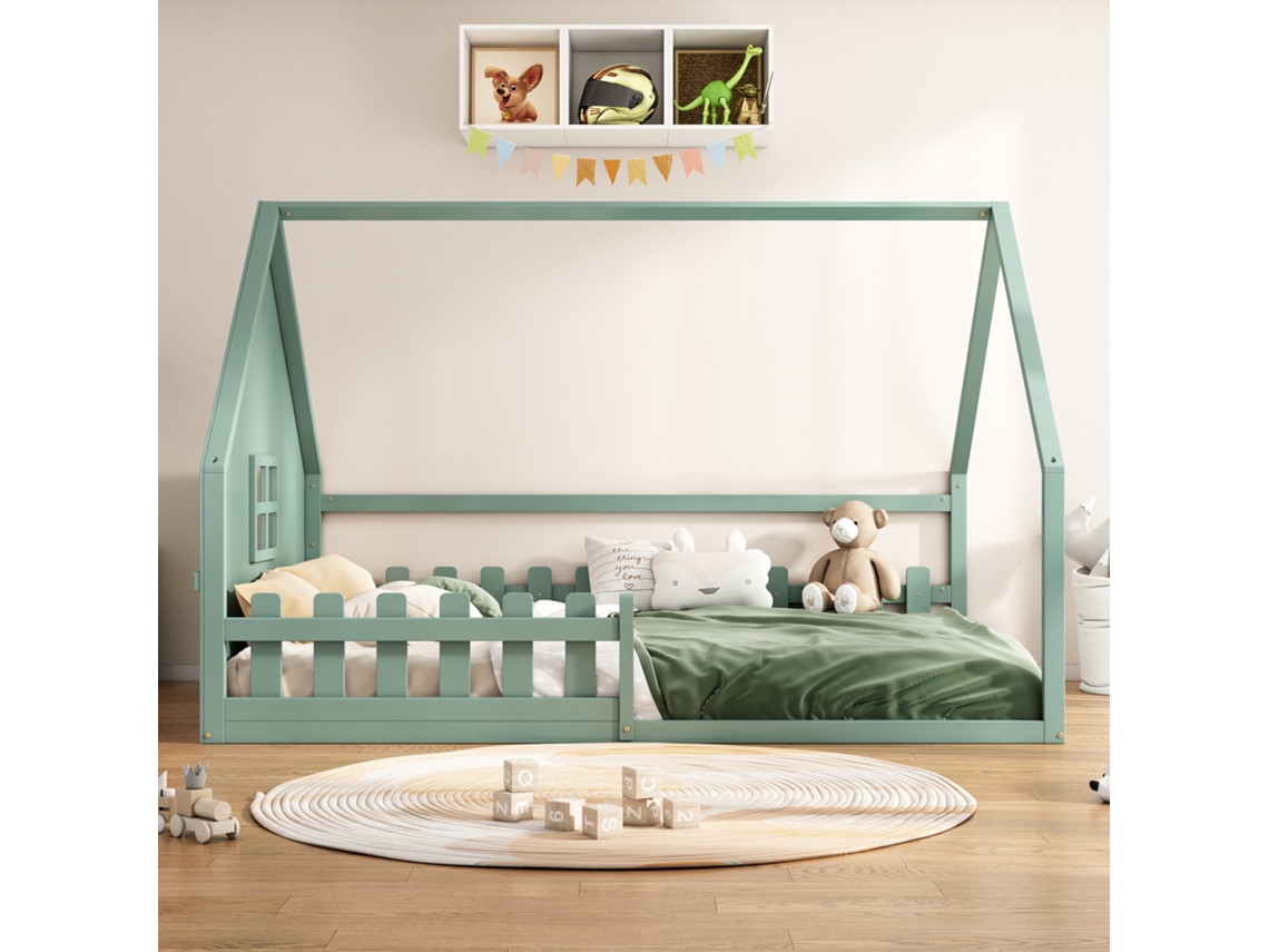 Cama Plana, 140*200 Cm, Cama Infantil, Grade De Proteção, Corrimão, Madeira De Pinho, Verde