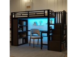 Hochbett 90x200cm Com Mesa, Prateleira, Led, Escada E Armazenamento Preto