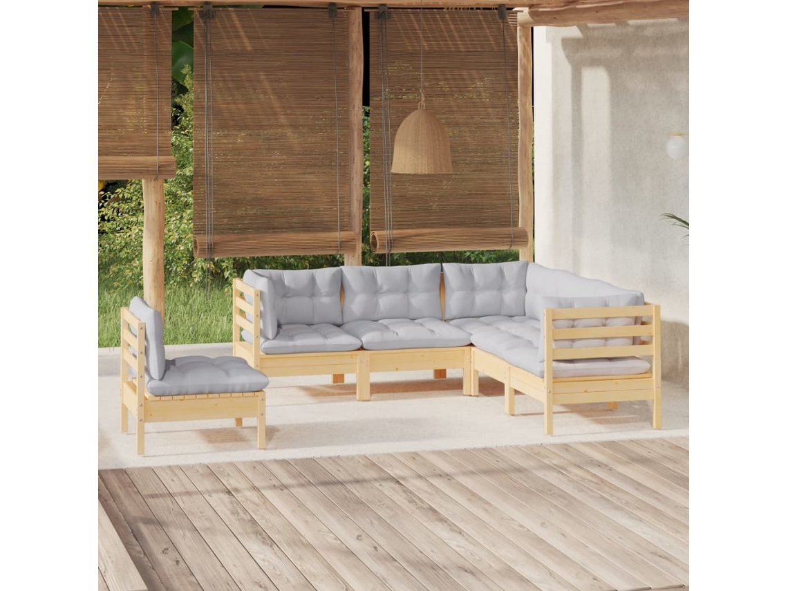 Vidaxl 5 Pcs Conjunto Lounge De Jardim C/ Almofadões Cinza Pinho