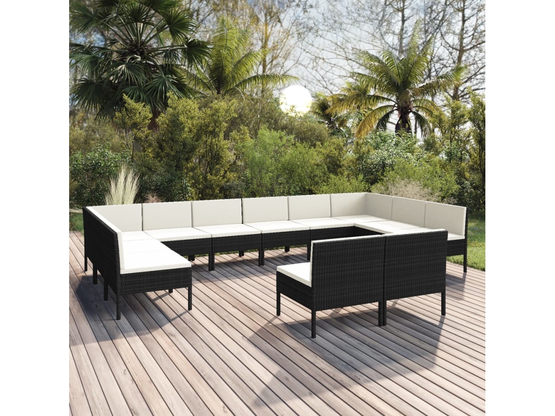 12 Pcs Conjunto Lounge De Jardim C/ Almofadões Vime Pe Preto Dkd Home Decor