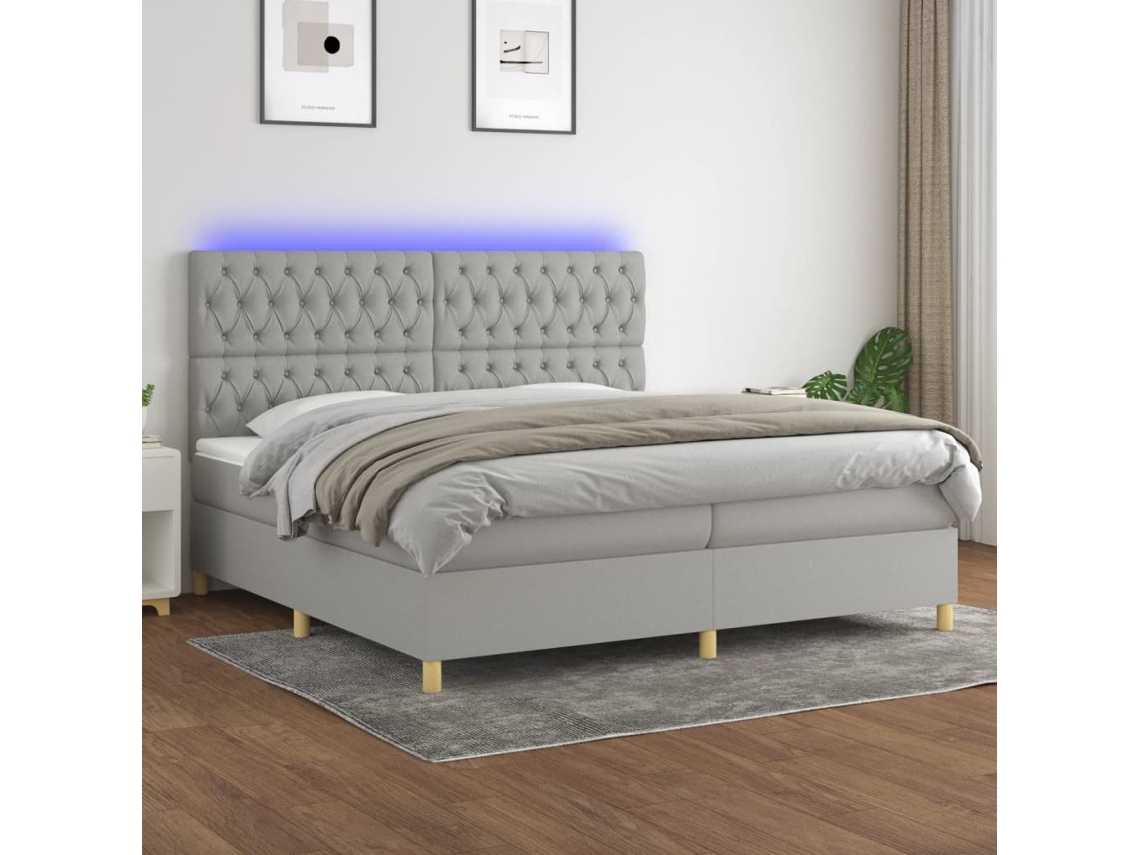Vidaxl Cama Box Spring C/ Colchão E Led 200x200 Cm Tecido Cinza-claro