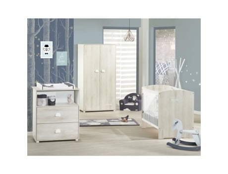 Conjunto de berçário Baby Price Smile Birch Gray, cama 120 x 60, cômoda com trocador e guarda-roupa.