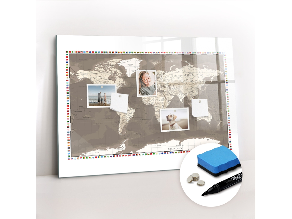 Quadro Magnético Decorativo Mapa-múndi Castanho Para O Escritório Espelharte (100x70 Cm)