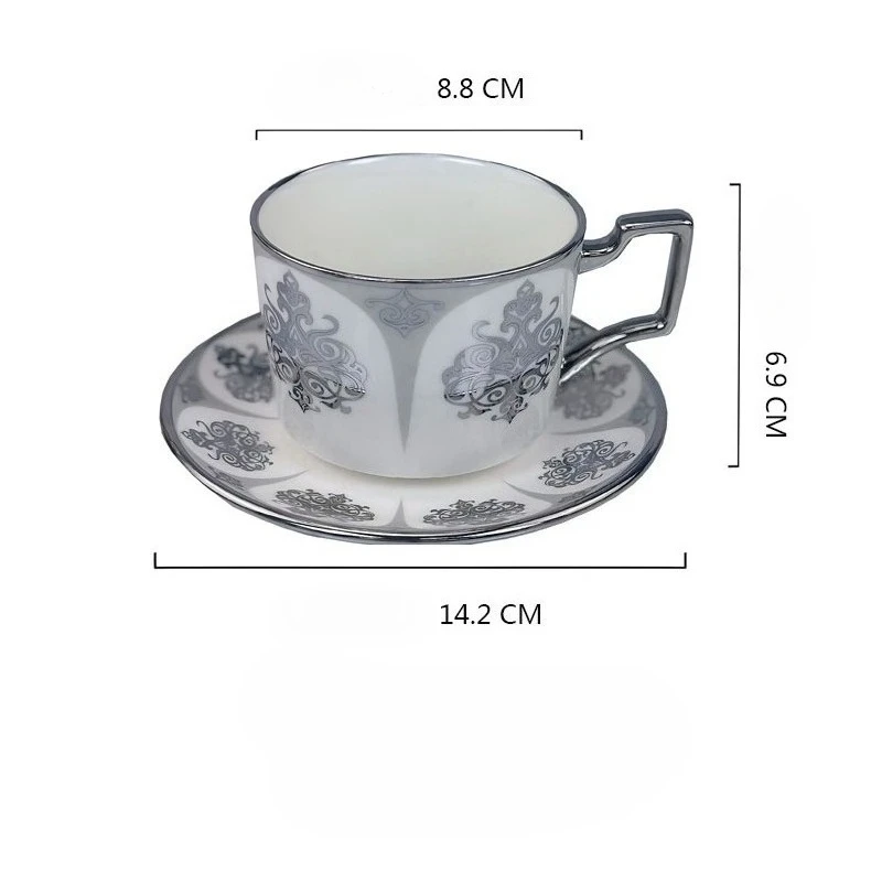 Xícara de Café de Cerâmica Criativa em Estilo Cortesão Europeu com Borda Dourada e Pires, Perfeita para o Chá da Tarde. MDUG (prata 230ml)