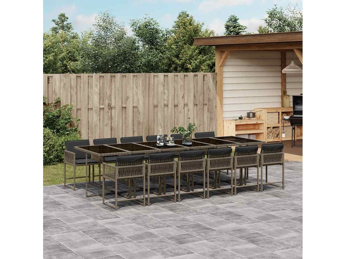 Vidaxl 13 Pcs Conjunto Jantar P/ Jardim C/ Almofadões Vime Pe Cinzento