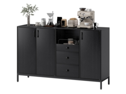 Aparador Com 3 Portas E 3 Gavetas Prateleiras Ajustáveis Para Cozinha, Entrada Sala De Jantar Quarto 143,5x40x90 Cm Preto