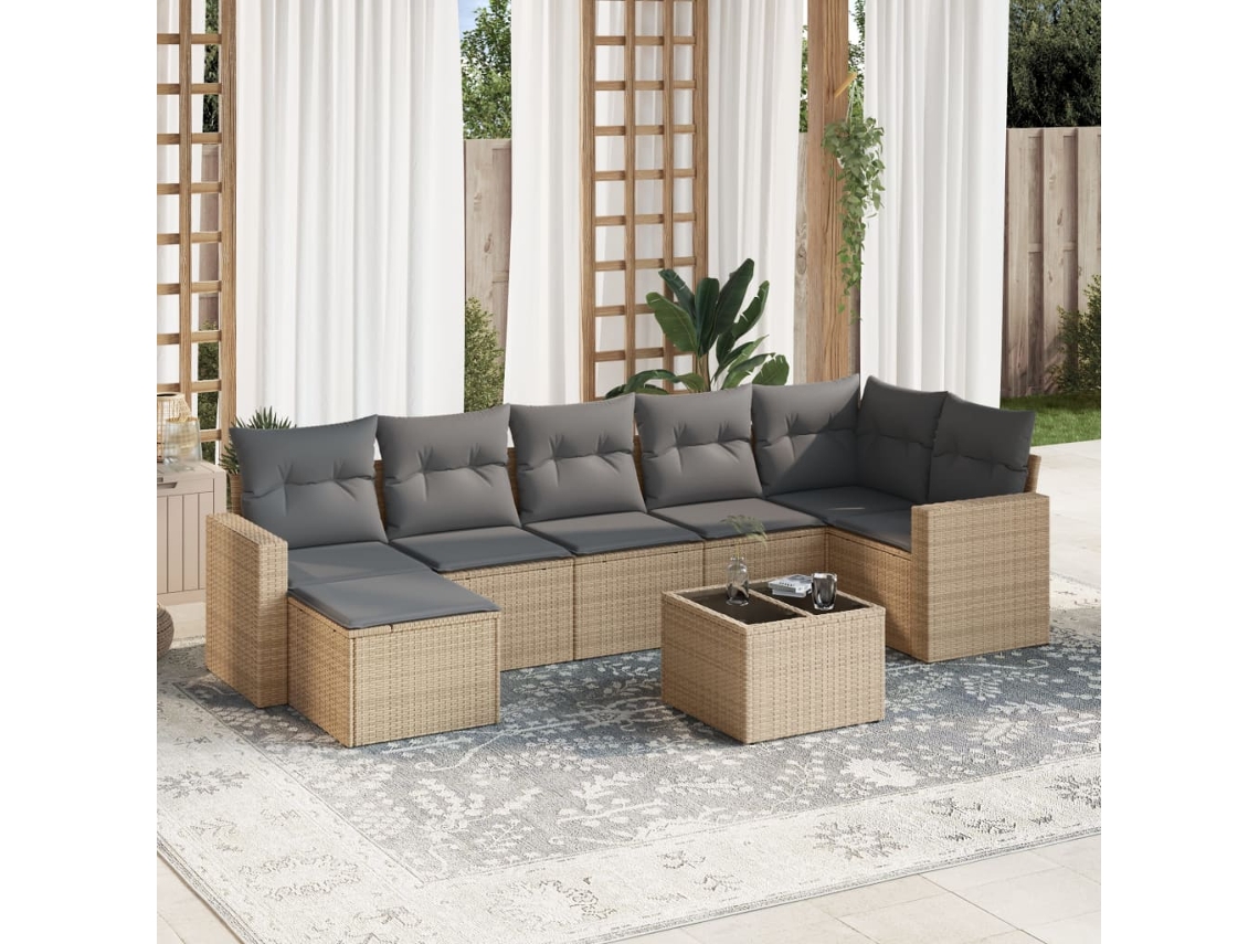 Vidaxl 8 Pcs Conjunto De Sofás P/ Jardim Com Almofadões Vime Pe Bege