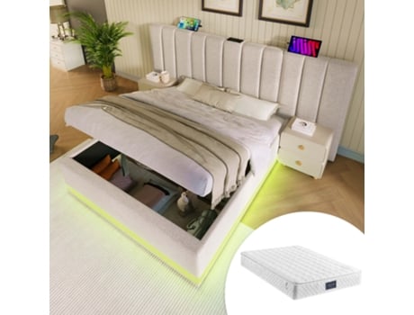 Cama Estofada 160×200, Cama De Casal Cama De Armazenamento Com App Control Led, Roupa De Cama, Bege, Com Colchão, Sem Mesinha De Cabeceira