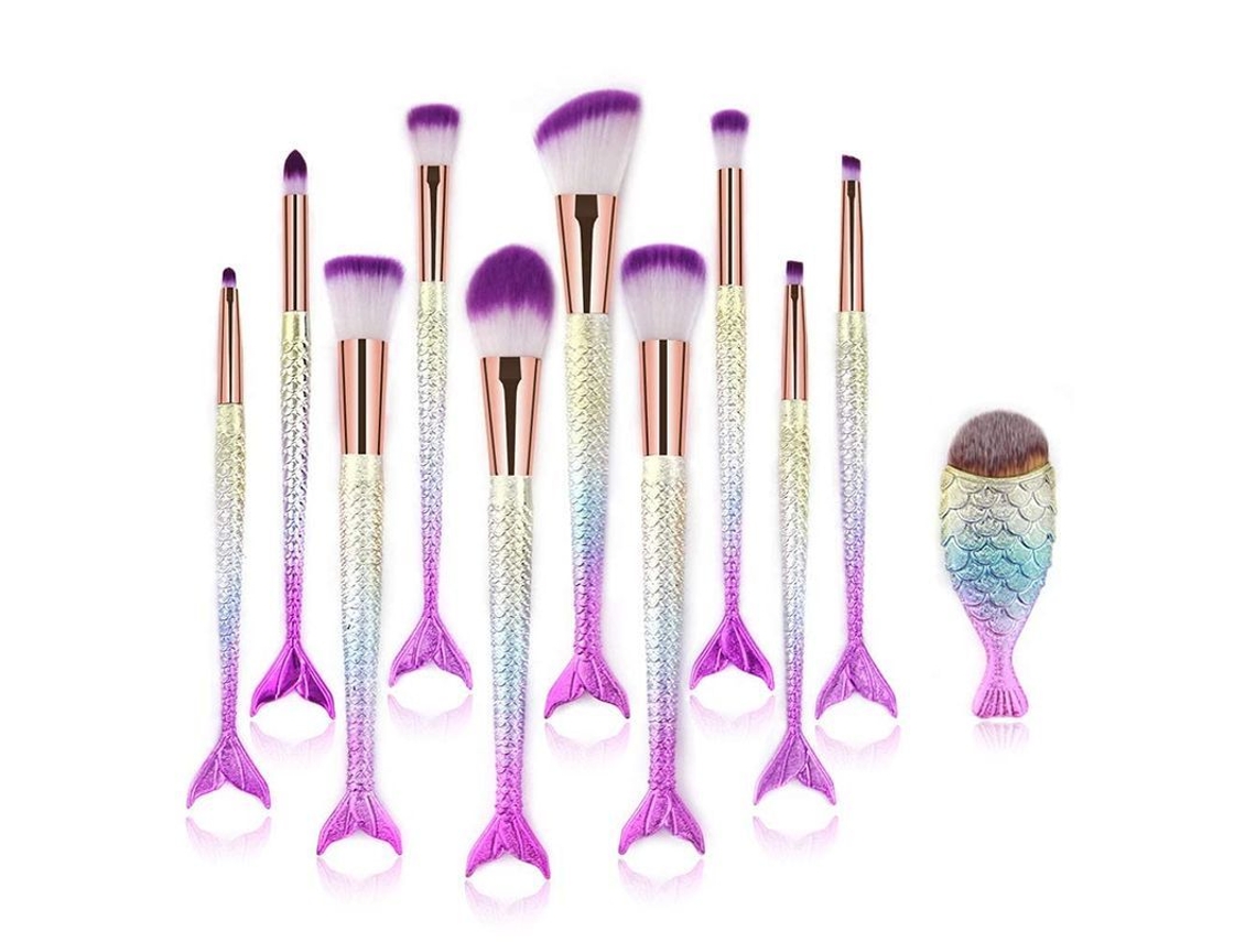 Conjunto de Pinceis de Maquiagem 11 Peças, Pinceis Mermaid para Blush, Destaque e Corretivo