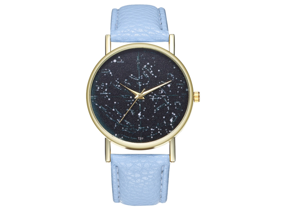 Relógio analógico de quartzo unissex com pulseira de PU azul claro.