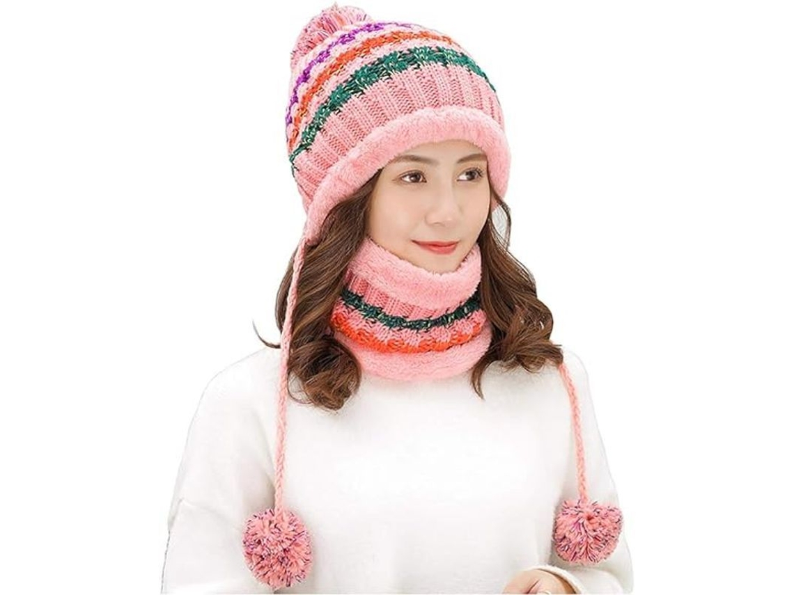 Conjunto de Chapéu e Cachecol de Inverno com Pompom | S/MARCA