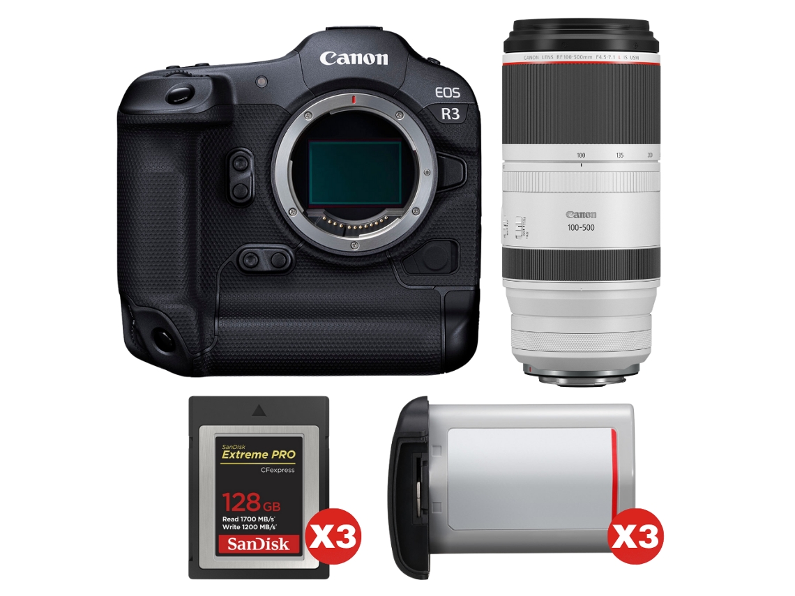 Eos R3 + Rf 100 500mm F/4.5 7.1 L Is Usm + 3 Sandisk 128gb Extreme Pro Cfexpress Type B + 3 Canon Lp e19 + Ebook Pricedirect CANON