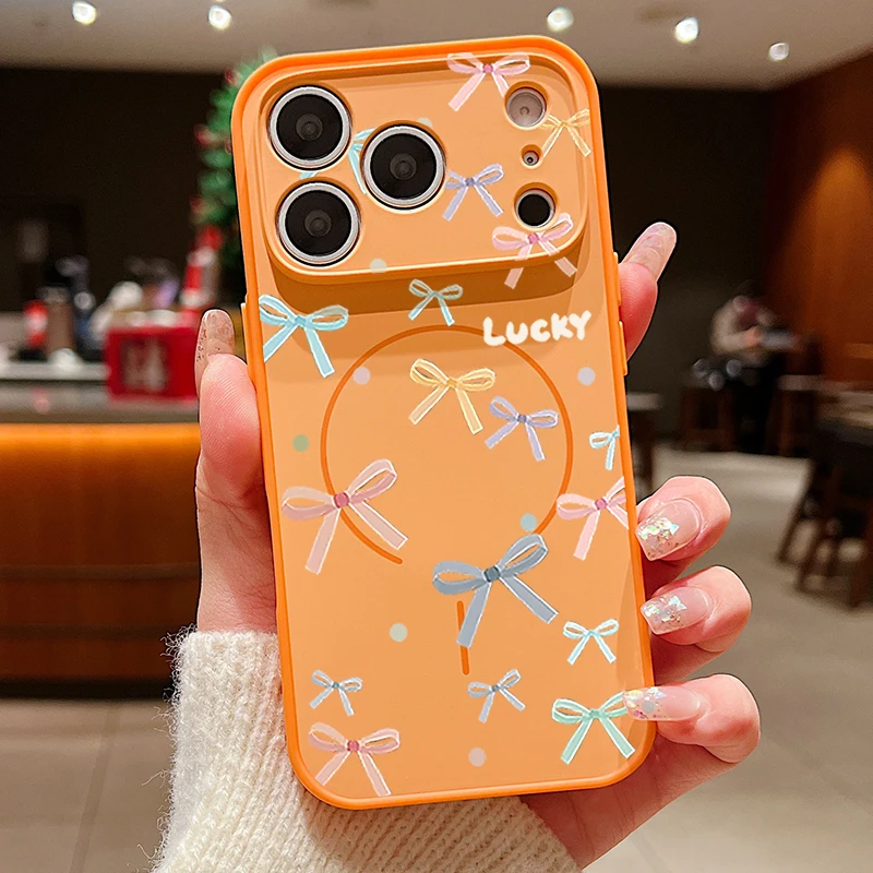 Capa Magnética Para Iphone 14 Com Estampa De Laço (laranja), Capa Traseira Rígida Em Policarbonato E Tpu Macio.