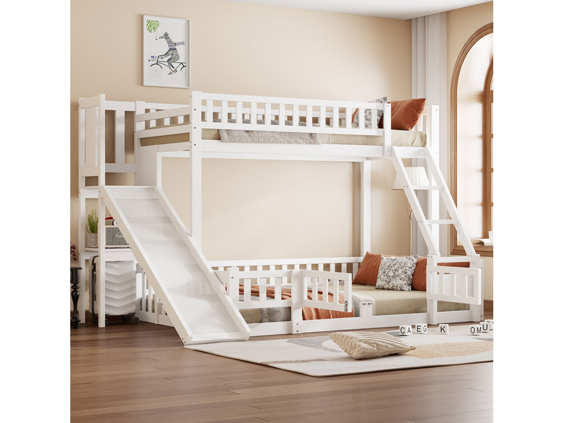Beliche Branco 90x200 + 140x200cm, Pinho, Escorregador, Escadas, Prateleiras, En747. -op