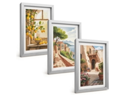 Quadros Decorativos Para Paredefrutas Cítricas Na Cozinha, Mar, Cidade Moldura Prateada Quadros Para O Escritório Espelharte (3 Peças 20x30 Cm)