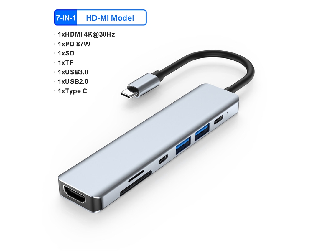 Yizhood Docking Station USB C Adaptador Suporte 4k Hdmi 7 Em 1 USB 3.0 Hub Tipo C Para Hdmi PD 87w Para Laptop Macbook Pro Cinza