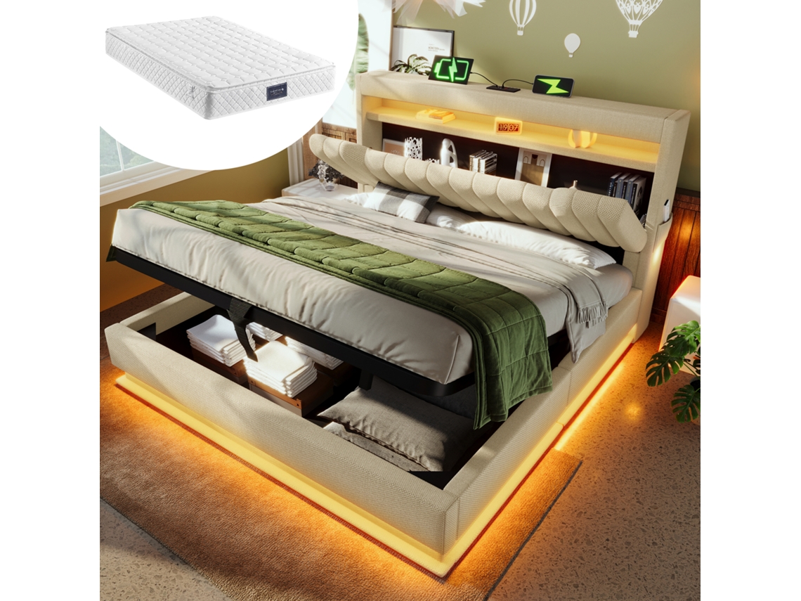 Cama 160x200 Cabeceira Arrumação Usb c Led Elevação Bege C/ Colchão