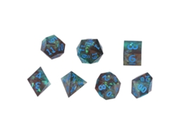 Conjunto Walshlxq de 7 dados poliédricos em resina epóxi com números claros e balanceados para jogos de mesa e RPG.