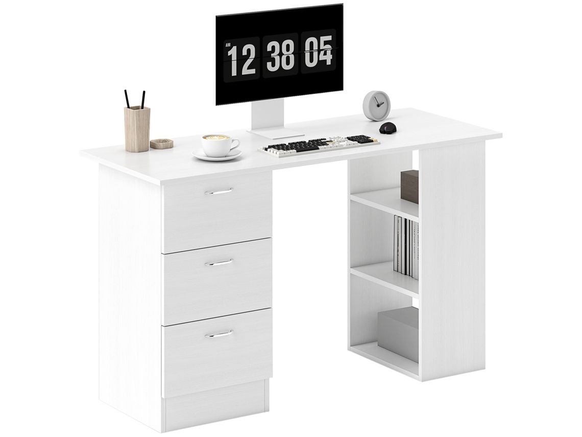 Mesa para PC com 3 gavetas e 3 prateleiras, em madeira, 120x49x72 cm branco BTFORUS