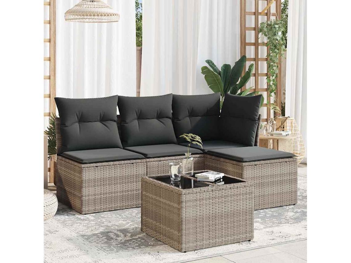 Vidaxl 5 Pcs Conj. Sofás Jardim C/ Almofadões Vime Pe Cinzento-claro