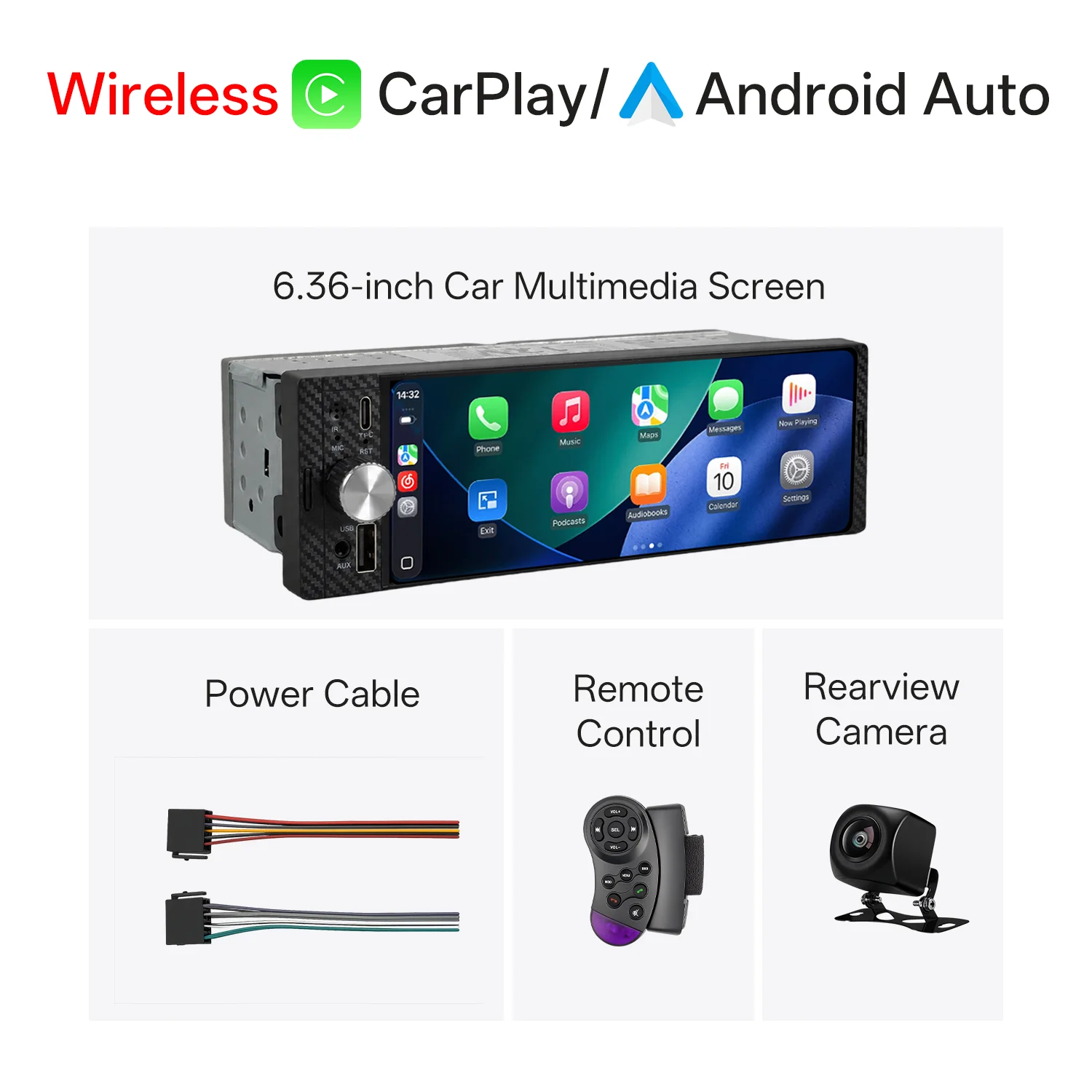 (carplay Sem Fio) Sistema Multimídia Integrado Ao Carro, Tela De 6,36 Polegadas Com Carplay Sem Fio, Android, Fm E Bluetooth.