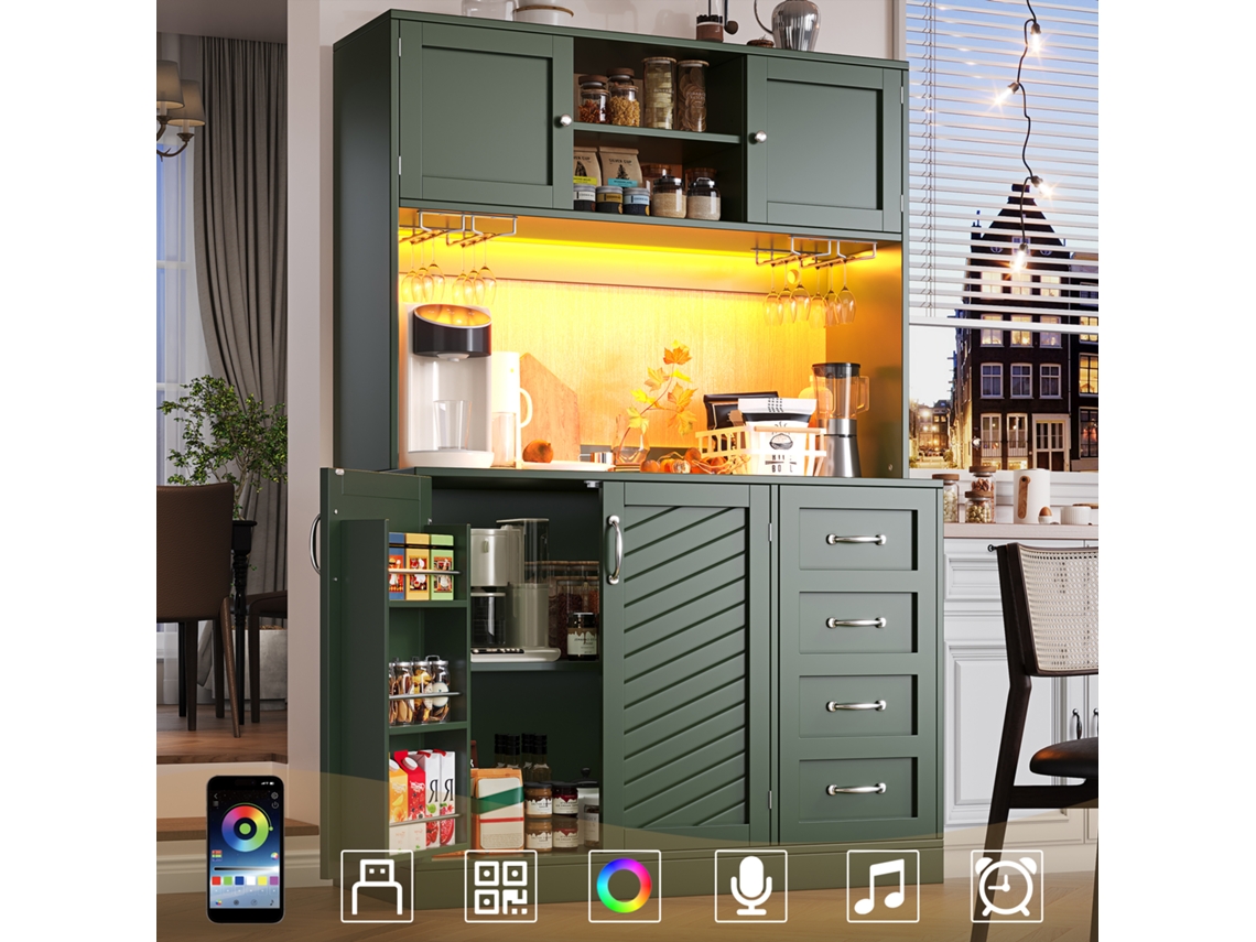 Aparador/armário 120x40x188cm: Led, Prateleira Lanches, 4 Portas, 2 Gavetas, Verde/preto/branco. Cs