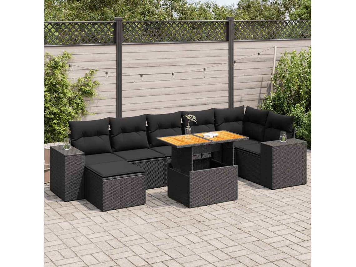 Vidaxl 8 Pcs Conjunto Sofás De Jardim Com Almofadões Vime Pe Preto