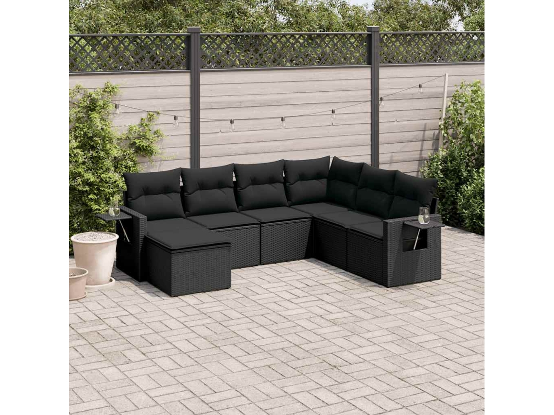 Vidaxl 7 Pcs Conjunto De Sofás P/ Jardim C/ Almofadões Vime Pe Preto