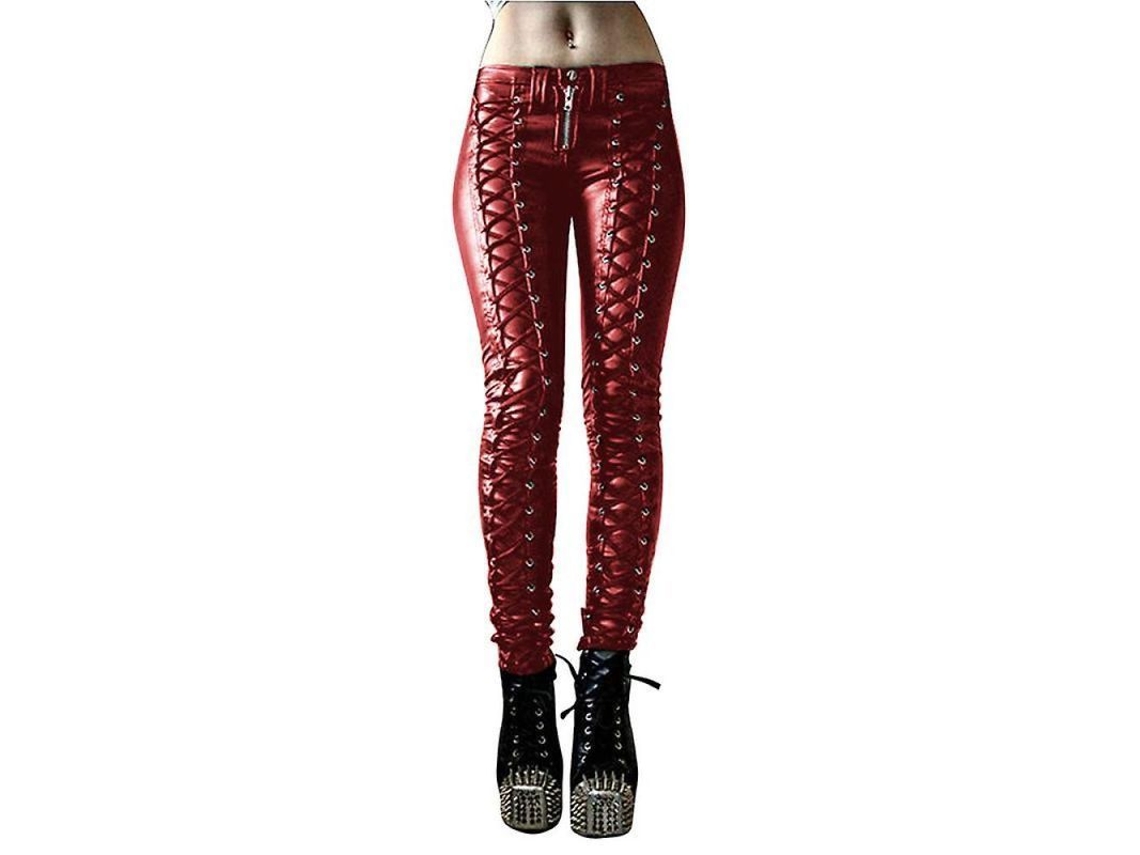 Leggings Rebe femininas em couro sintético com fecho de cordão e design punk gótico, tamanho XL, vermelhas.