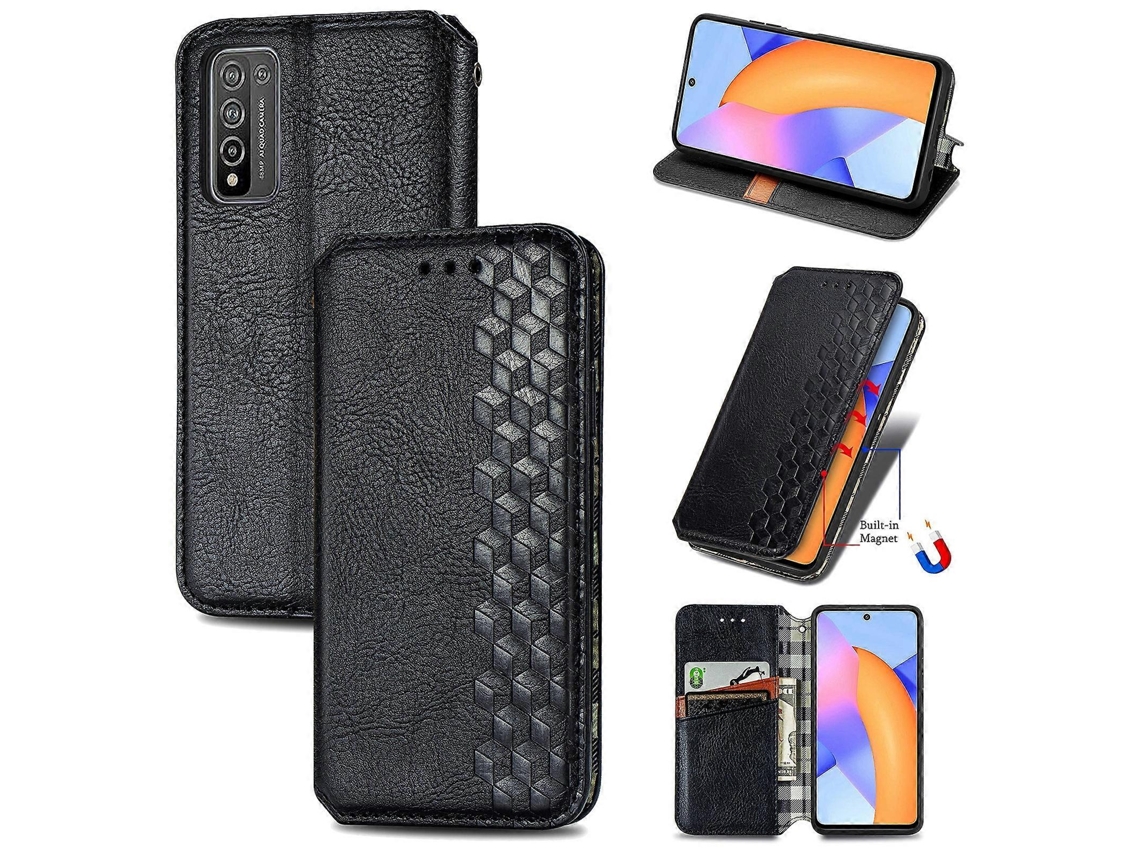 Capa De Couro Pu Com Aba Magnética Horizontal Em Formato De Grade Cúbica Para Huawei Honor 10 X Lite, Com Suporte, Compartimentos Para Cartões E Carte