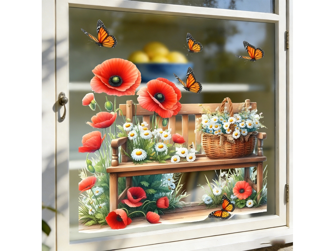 Banco em formato de papoula com desenho de borboleta, adesivo eletrostático em vidro, decoração para quarto infantil, quarto de dormir e varanda.