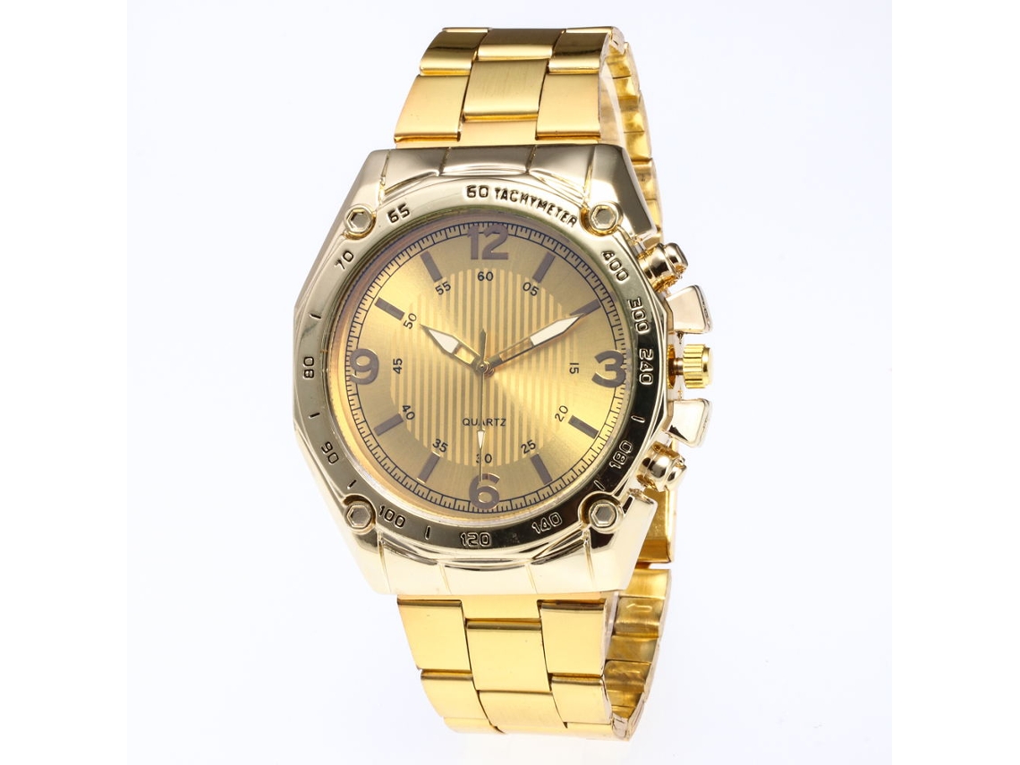 Relógio de pulso masculino elegante com pulseira de aço, mostrador redondo, movimento de quartzo, dourado.
