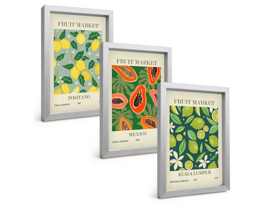 Conjunto De Pinturasestampas De Frutas, Limões E Mamões Moldura Prateada Quadros Para A Sala De Estar Espelharte (3 Peças 20x30 Cm)