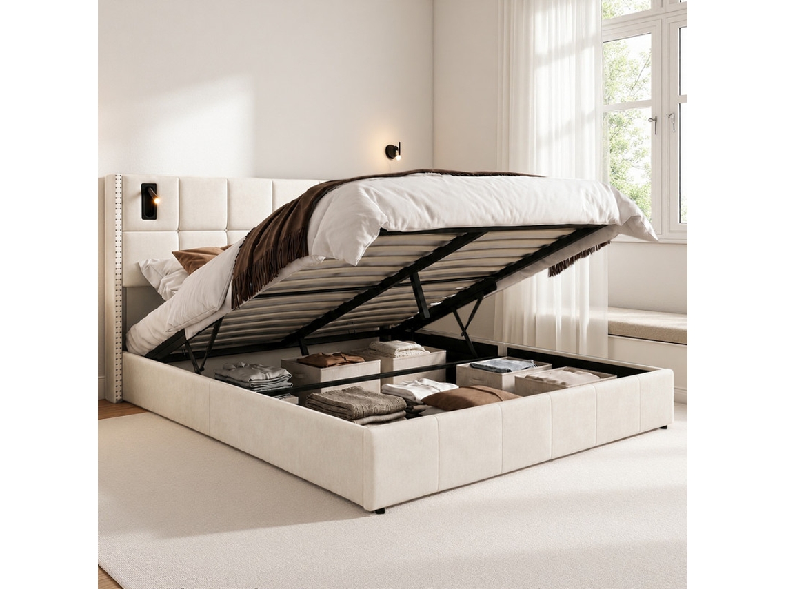 Cama De Casal 160x200 Em Veludo Bege Capitonada Com Coffre A Gás, Pregos De Latão, Luz Led Usb, Luxo Francês, Ideal Pequeno Apartamento