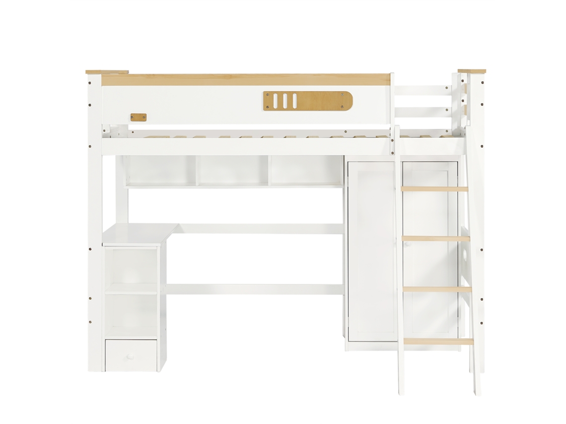 Cama Alta Prateleiras Mobrio Madeira Branco (90x200)