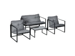 Conjunto De Jardim 4 Peças Com Sofá, 2 Cadeiras E Mesa, Em Aço, Poliéster E Algodão Pp, Preto E Cinza