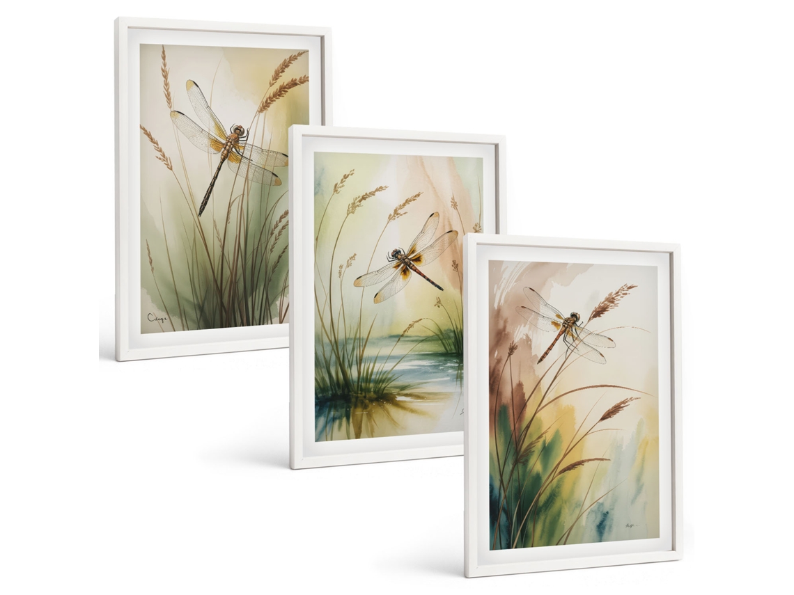 Conjunto De Pinturas Libélulas, Grama, Água, Pintura Espelharte (3 Peças 40x60 Cm)