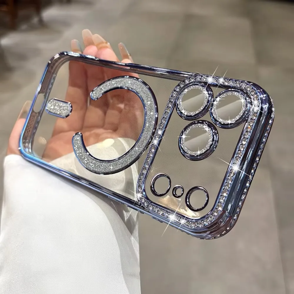 (iphone 17 Pro Max, Azul) Capa Magnética Para Iphone, Transparente Com Brilho De Diamante, Proteção Total Para A Câmera.
