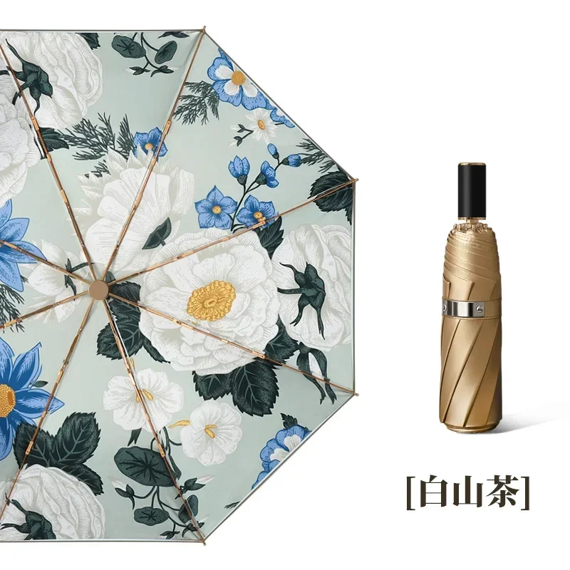Guarda-chuva De Titânio De Camada Dupla (camélia Branca), Proteção Solar E Proteção Uv, Design Dobrável Em Três Partes.