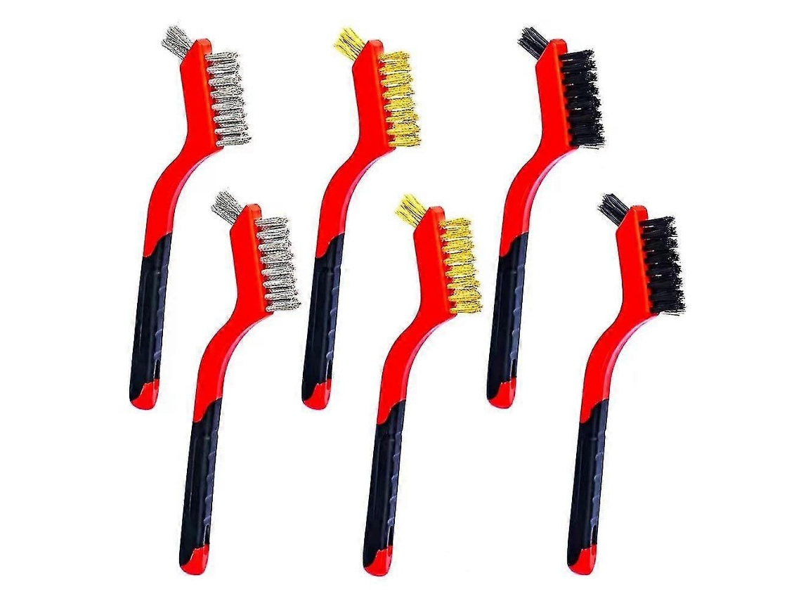 Conjunto de 6 Escovas de Fio Cerdas de Nylon/ Latão/ Aço Inoxidável com Cabo Curvo, 7 Polegadas