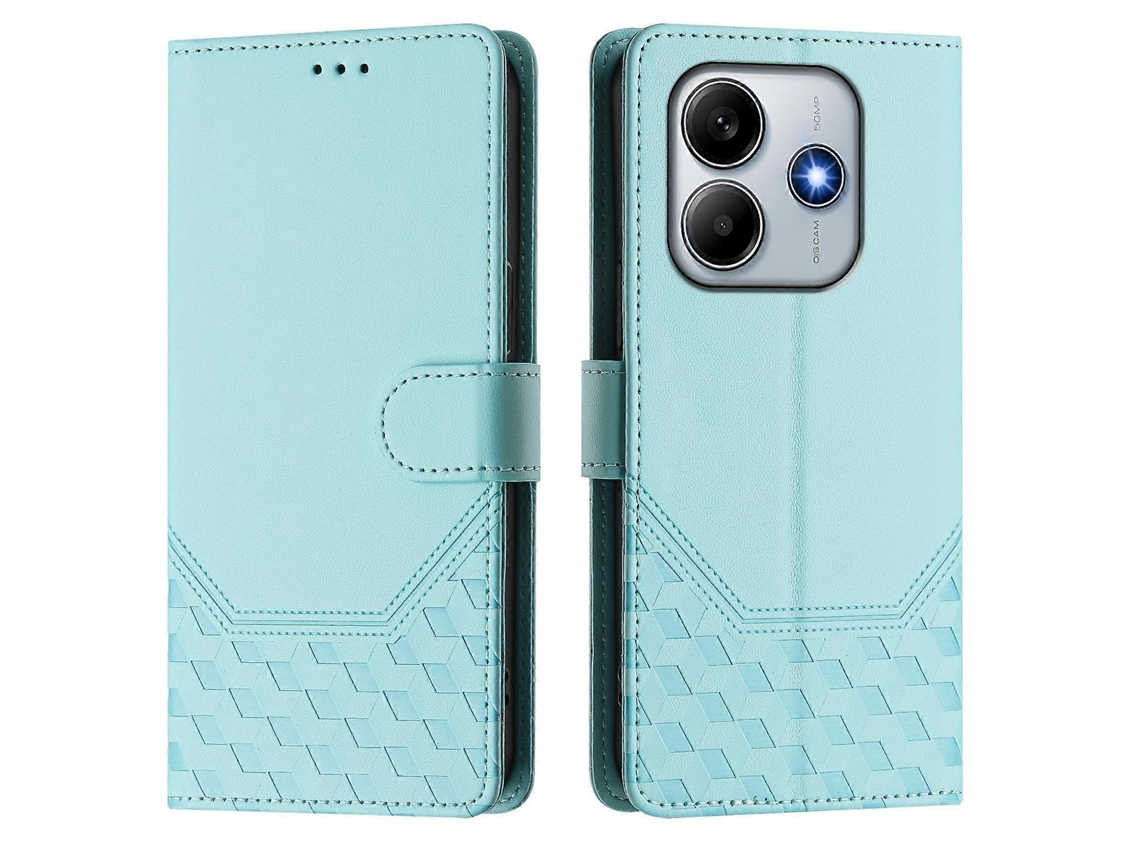 Capa De Couro Com Estampa De Favo De Mel E Bloqueio Rfid Para Xiaomi Redmi Note 14 4g (163,25 X 76,55 X 8,16 Mm) Com Alça Verde Menta